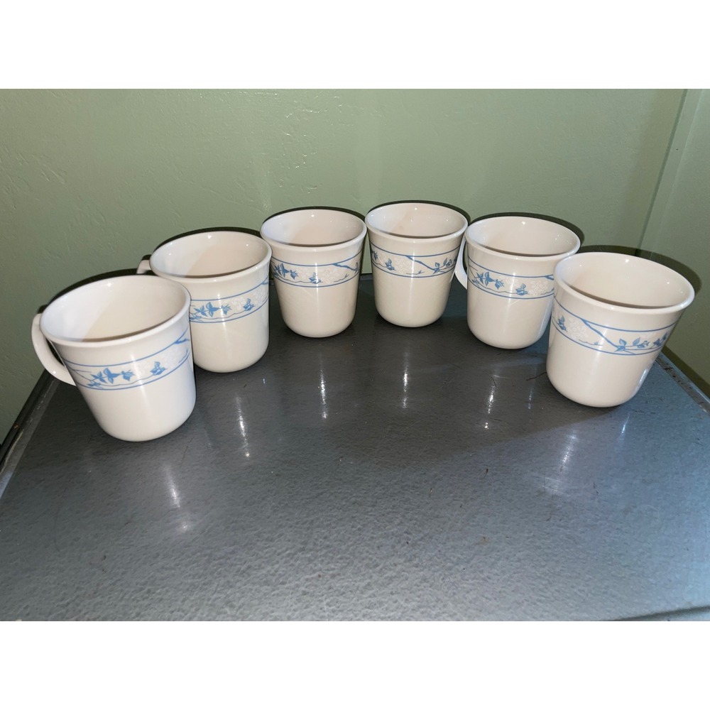 Corning Corelle Country Cornflower Blue Coffee Mugs Set of 6 White Vitrelle USA